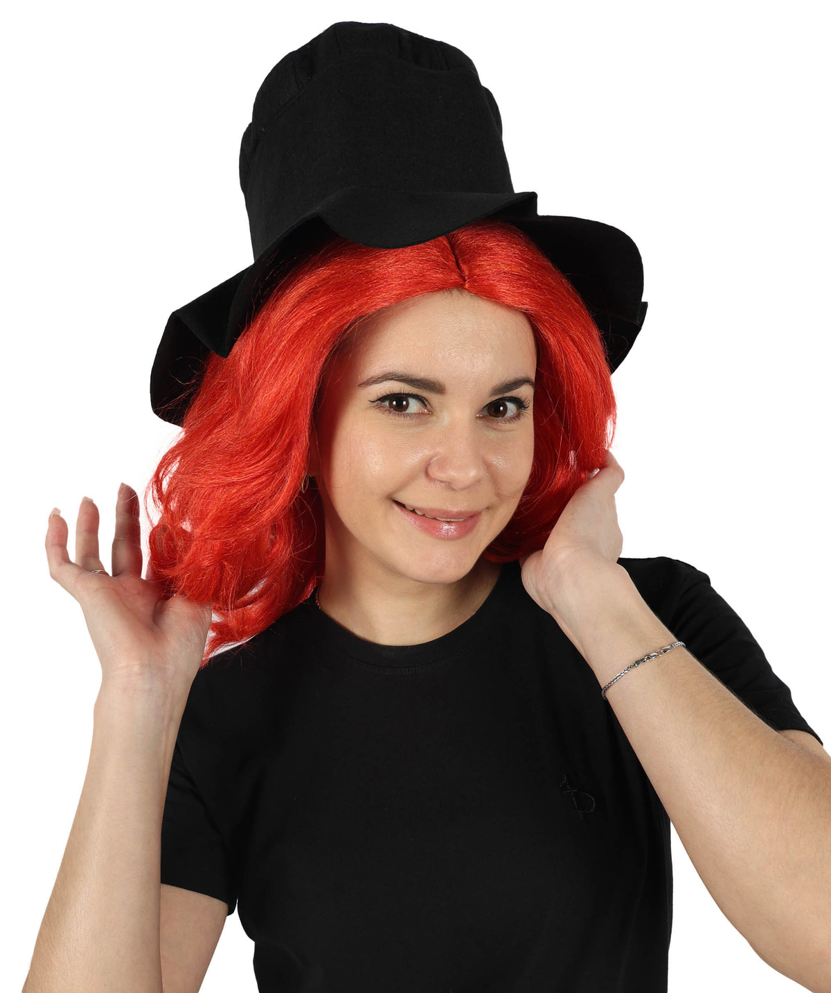HPO Women's Elegant Gothic Orange Wig and Black Hat–Dark Chic Hairpiece Inspired by Modern Quirk, Premium Breathable Capless Cap