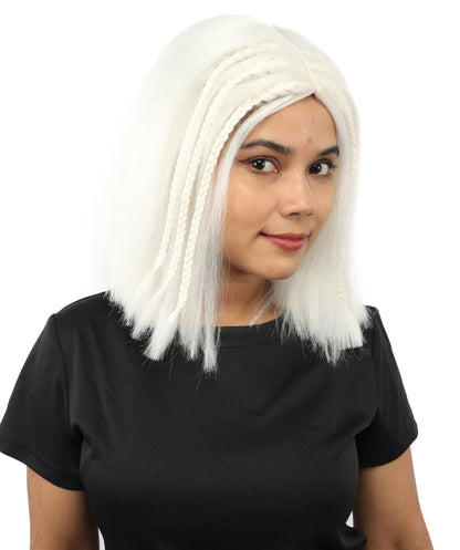 HPO Celebrity-Style 11 Inch Green Rooted Blonde Front Braided Straight Wig | Shoulder-Length Fun, Bold, and Stylish Hairpiece  | Ideal for Halloween, Cosplay, and Themed Parties