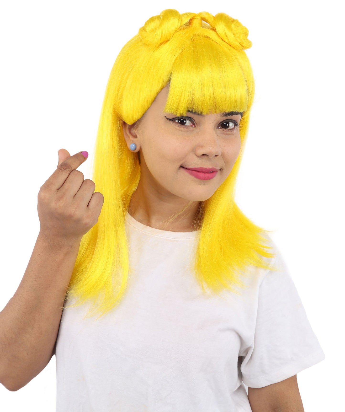 HPO Women's Brown & Pink Half Updo Bangs Wig | Create of synthetic fiber, blunt fringe with top bow, breathable base | Party, Halloween, theater, drag, performance, costume events