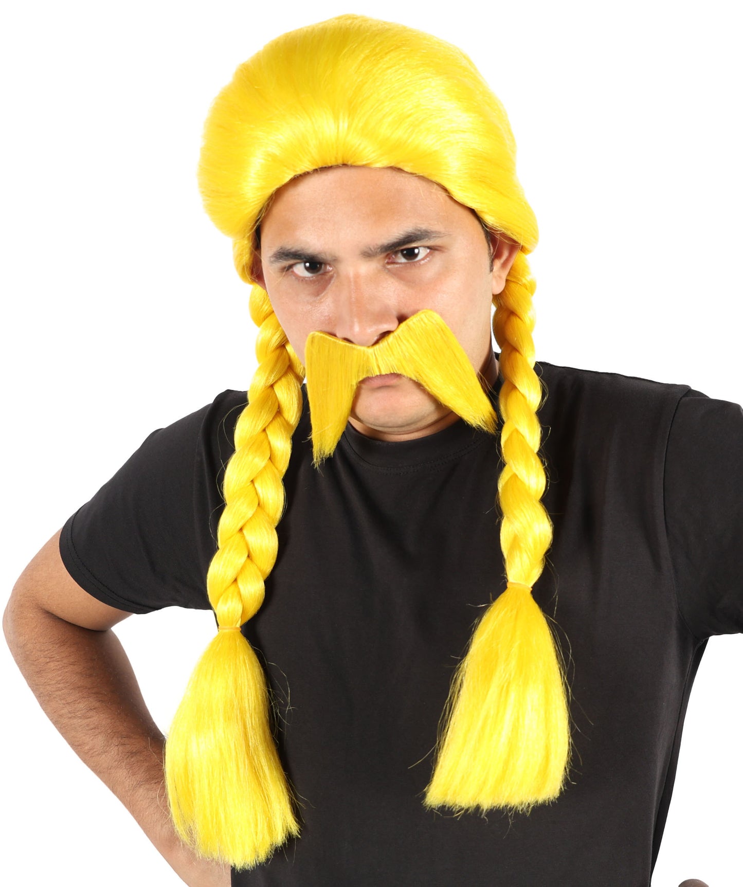 Voluminous Fashion Yellow Braided Pigtails Wig & Mustache | Bold Cartoon-Inspired Hairpiece for Halloween, Cosplay, Parties & Stage