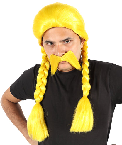 Voluminous Fashion Yellow Braided Pigtails Wig & Mustache | Bold Cartoon-Inspired Hairpiece for Halloween, Cosplay, Parties & Stage