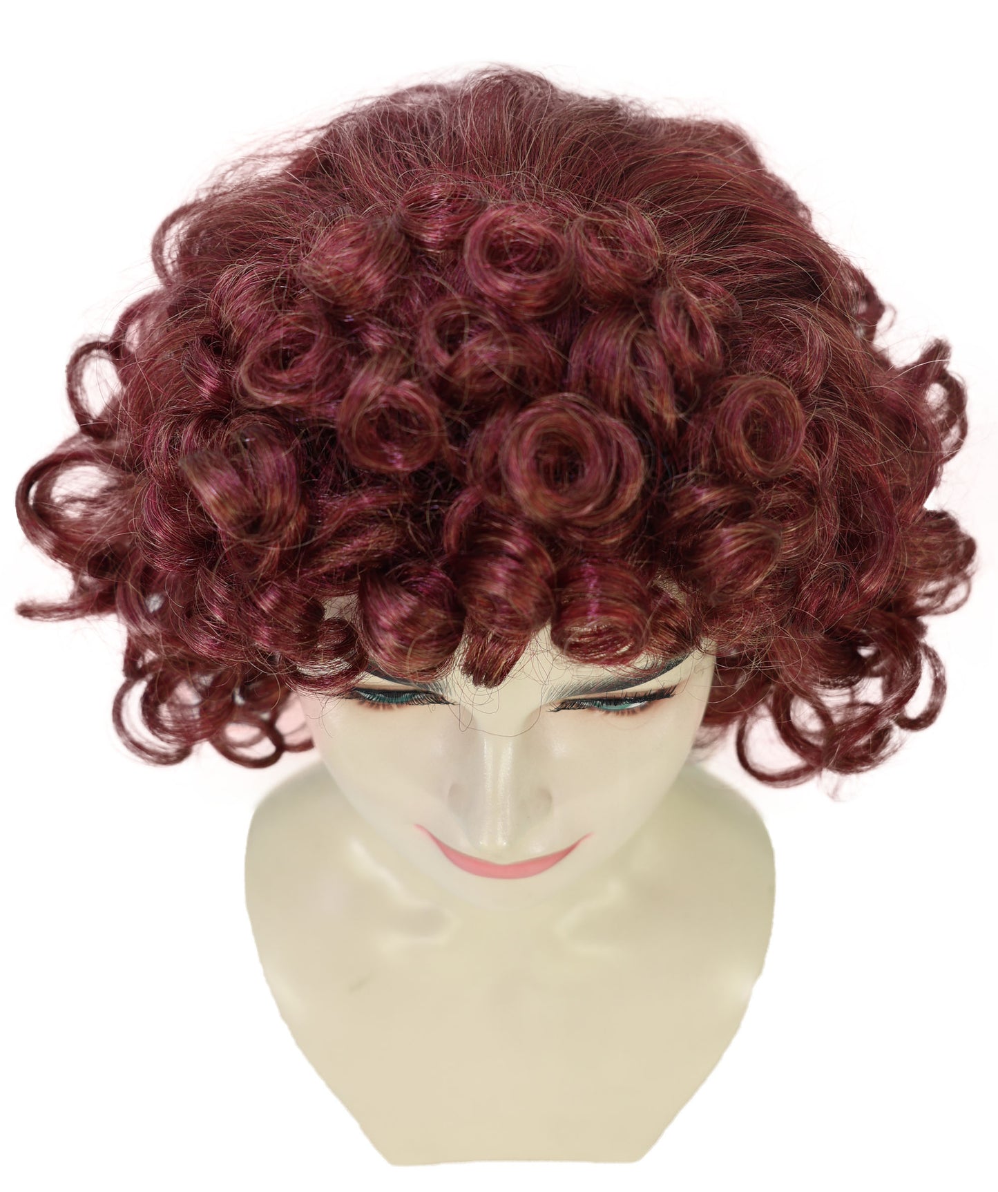 HPO Women’s 80s Retro Short Curly Brown Wig | Classic Vintage Hairstyle with Bangs | Synthetic Costume Hairpiece for Halloween, Cosplay, Theater & Parties