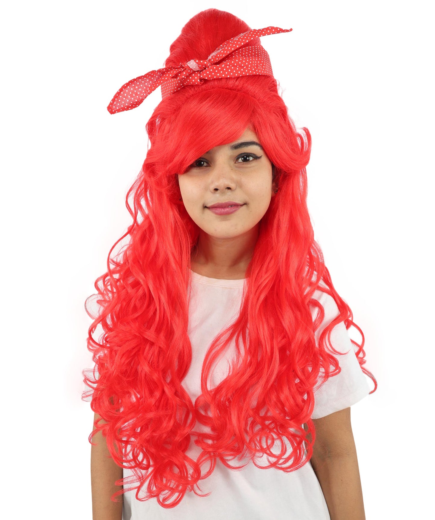 HPO Women’s Retro Beehive Wig with Red Bow | Multicolor Options | Extra Long Wavy Fancy Dress Accessory | Fancy Dress Accessory | Celebrity-Inspired Hair for Halloween, Cosplay & Music Tribute Parties