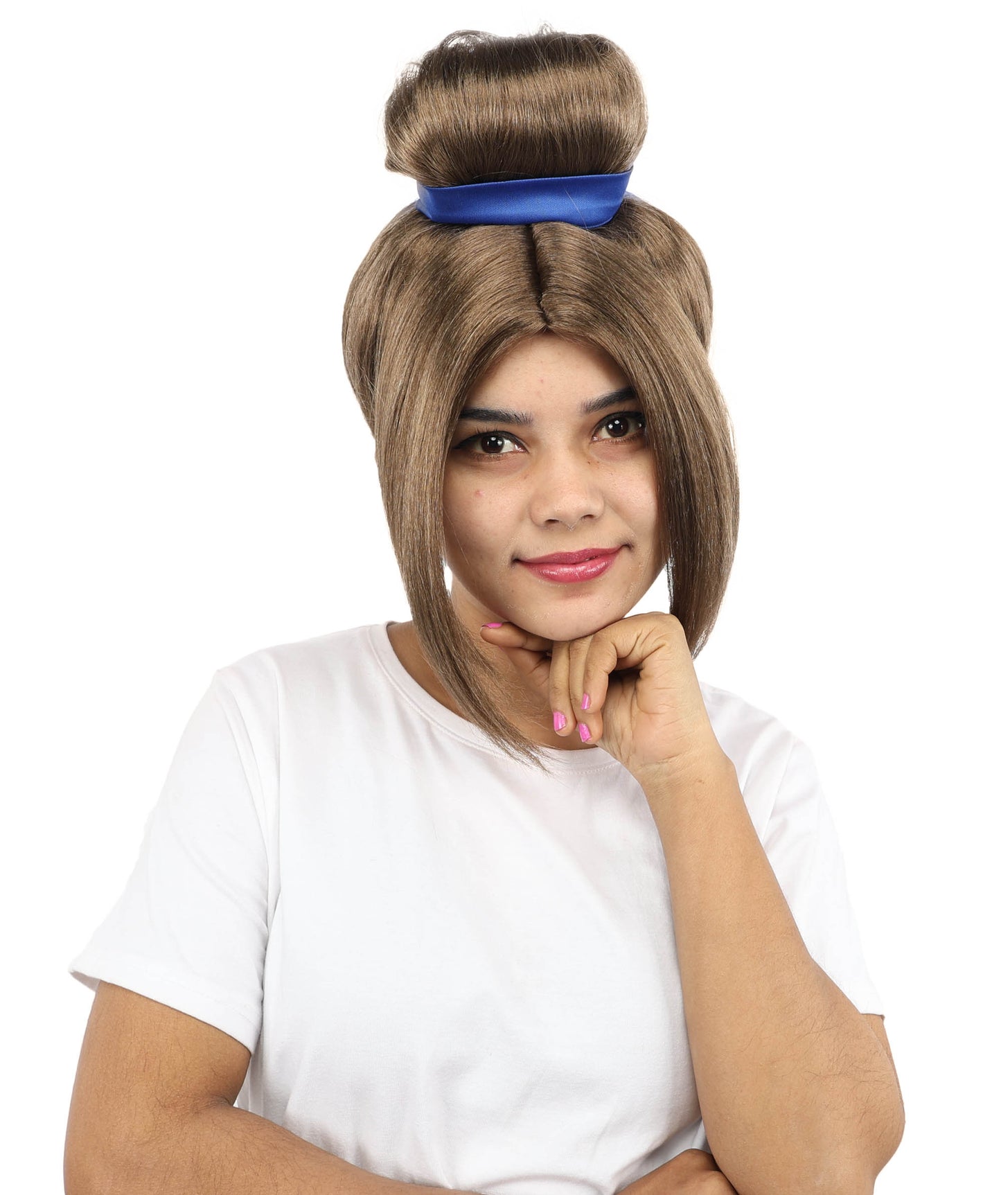 HPO Women’s Historical Tall Bun Wig with Blue Ribbon and Side Bangs | 12 Inch Synthetic Costume Hairpiece | Capless Cap Wig for Theater, Cosplay, Halloween Events