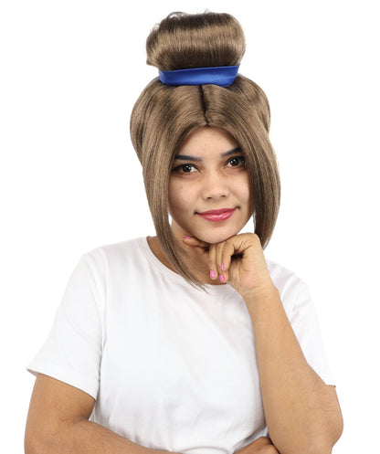 HPO Women’s Historical Tall Bun Wig with Blue Ribbon and Side Bangs | 12 Inch Synthetic Costume Hairpiece | Capless Cap Wig for Theater, Cosplay, Halloween Events
