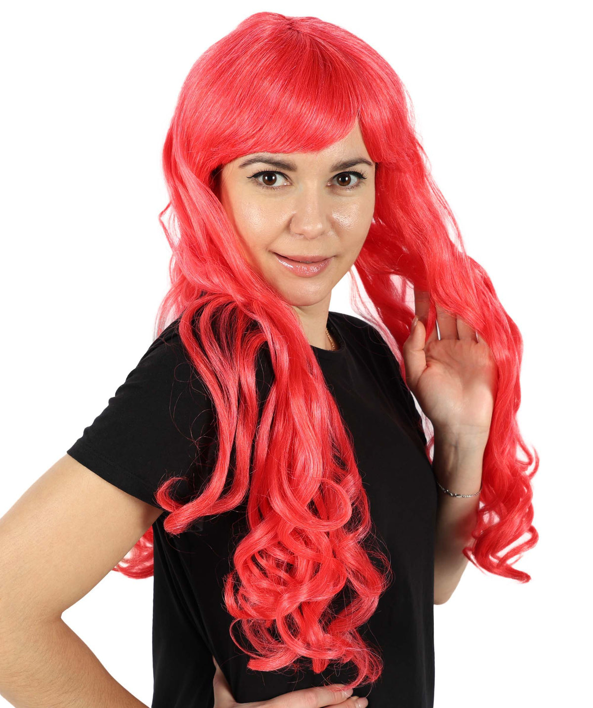 HPO Women's Red Long Wavy Desire Wig with Front Bangs | Halloween and Party Wig | Flame-retardant Synthetic Fiber  |  Premium Breathable Capless Cap