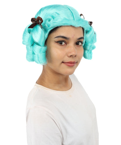 HPO Women's Golden White Mixed Curly Pigtail Wig | Messy Ringlet Twin Tails with Attached Fabric Ribbons, Synthetic Fiber & Breathable Cap | Halloween, Movie Character Roleplay, Costume Party & Theater