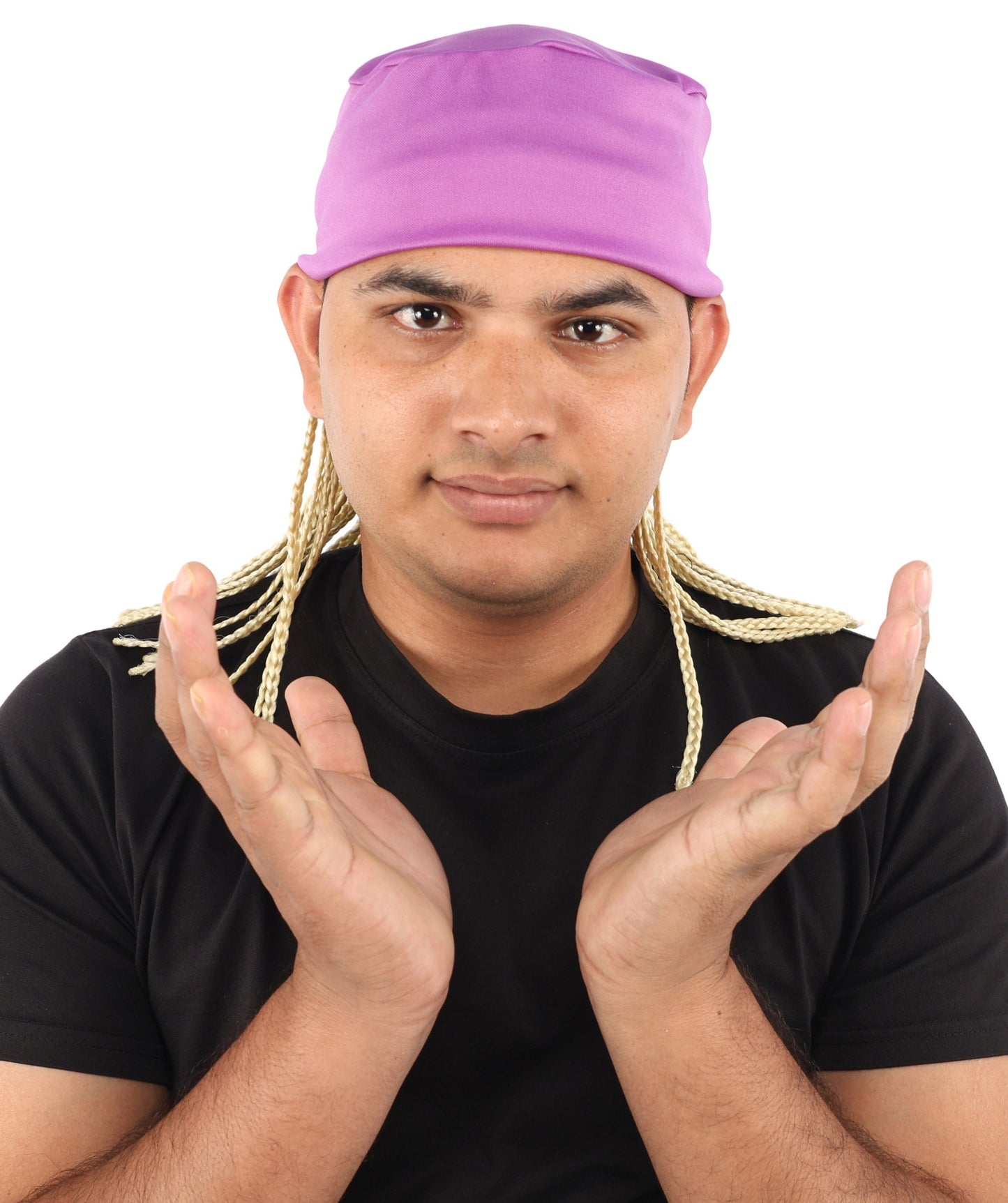 Men’s Movie Character Inspired Black Braided Wig with Purple Head Wrap Hat | Flame-retardant Synthetic Fiber | Ideal Hairpiece for Cosplay & Halloween