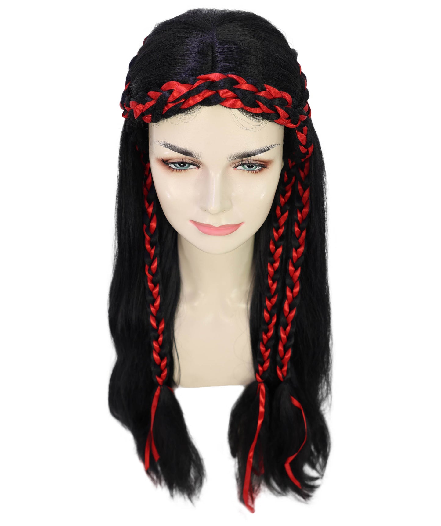 Women’s Long Black Wavy Wig with Red Braided Accents | Ideal for Halloween | Breathable Capless Cap