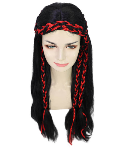 Women’s Long Black Wavy Wig with Red Braided Accents | Ideal for Halloween | Breathable Capless Cap