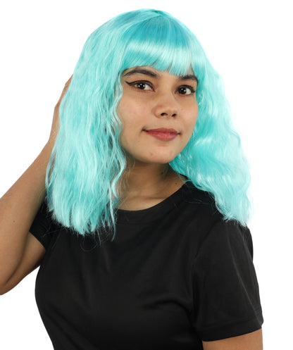 HPO Women's Short Wavy Bob wig | Vibrant aqua cyan, created of flame-retardant synthetic fiber, thick layered texture, breathable cap | Cosplay, drag, performance, themed events