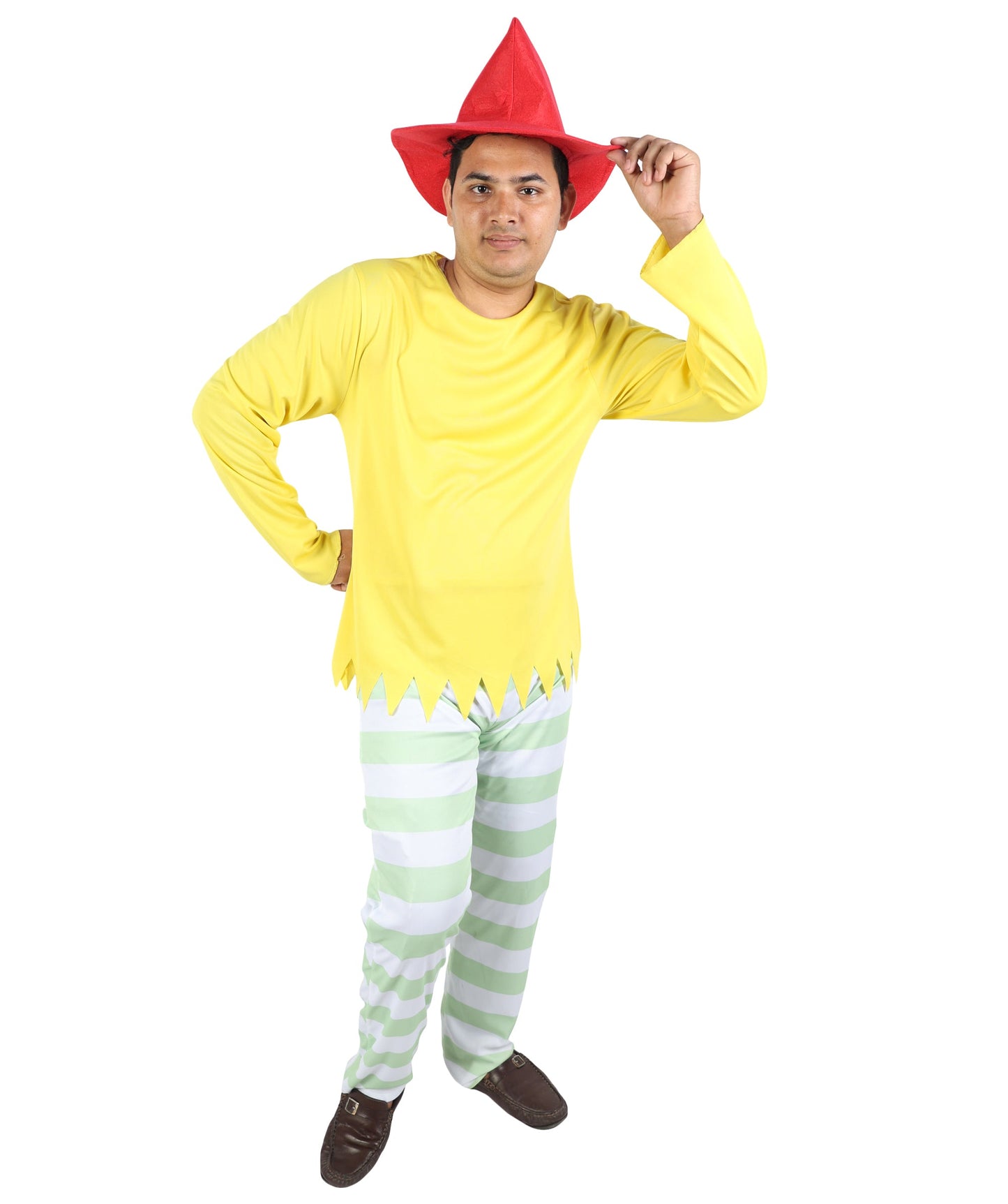 Whimsical Multicolor Character Costume | Men’s Striped Top, Hat & Pants Set | Playful Outfit for Halloween, Cosplay, Parties & Roleplay