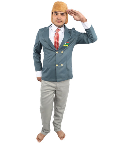 HPO Unisex Vintage Aviator Costume – Blue Blazer with Grey Pant, Mock Shirt Front, Bow Tie, Scarf & Trousers | Party Suit for Visual Scenes