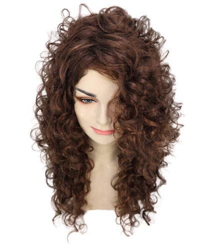 HPO Women’s Mariah 23-inch Long Voulomous Long Mahogany Brown Curly Wig | Halloween and Cosplay Wig | Flame-retardant Synthetic Fiber