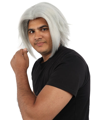 HPO Men's Two Tone Black & White Layered Anime Hair | Frosted Tips Messy Style, Natural Matte Finish, Adjustable Interior Net & Durable Strands | Carnival, Dress Up, Fantasy Conventions, Theater & Photo Shoots