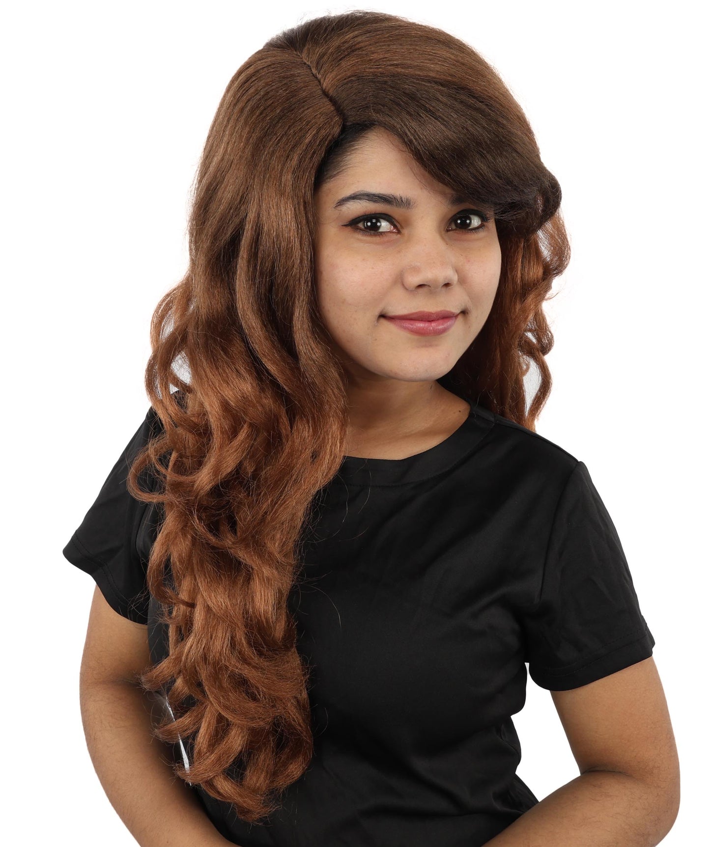 HPO Women’s Long Brown Wavy Wig | Capless Cap 23 Inch Synthetic Hair | Pop Singer Inspired Glamorous Cosplay, Party & Fashion Wig