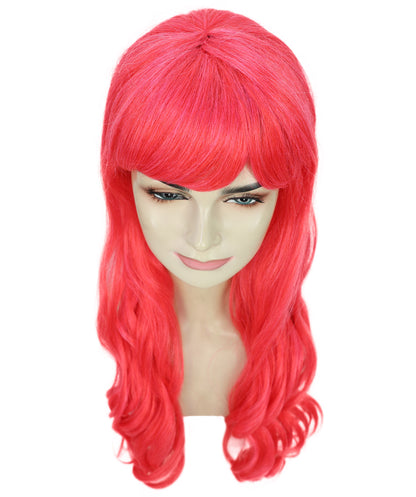 HPO Women's Red Long Wavy Desire Wig with Front Bangs | Halloween and Party Wig | Flame-retardant Synthetic Fiber  |  Premium Breathable Capless Cap