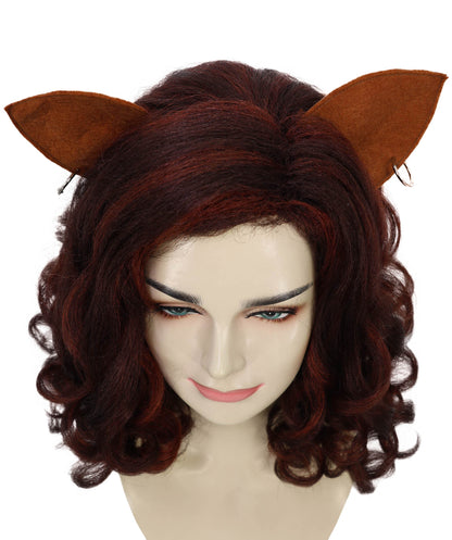 HPO Women’s Cat-Themed Curly Brown Wig with Ears| Halloween and Cosplay Wig | Flame-retardant Synthetic Fiber