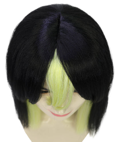 Women's Short Straight Black With Green Mixed Wig | Synthetic Costume Hairpiece with Breathable Capless Cap for Parties