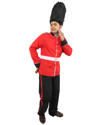 HPO Men’s Red Royal Guard Style Costume White Belt Black Pant & Cap– Palace Uniform Outfit with Gold Trim | Fancy Dress, Halloween Party & Cosplay Wear