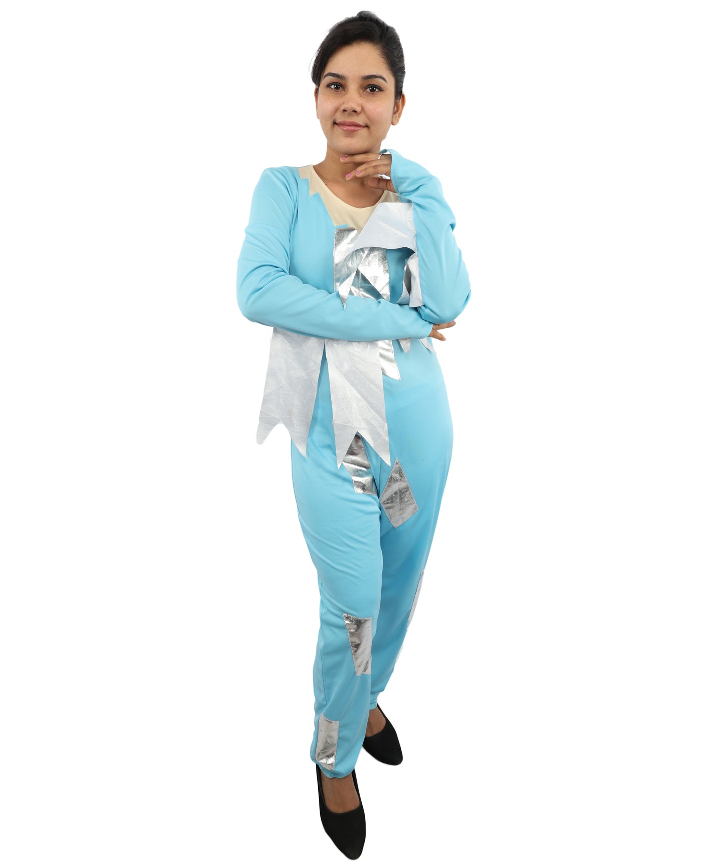 HPO Women's Ice Blue Jumpsuit Costume | Shimmering Synthetic Febric Bodysuit with Metallic Accents and Fringe | Idal for Halloween, Cosplay, Drag, and Themed Events