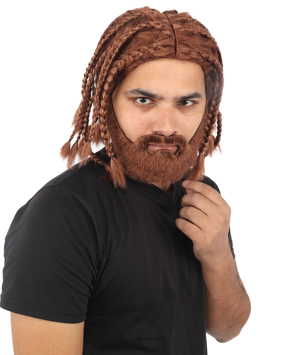 HPO Adult Men’s Brown Braided Warrior Wig with Matching Beard Set - Shoulder Length Braided Wig with Full Facial Hair Center Part and Fantasy Inspired Styling for Halloween Cosplay Events