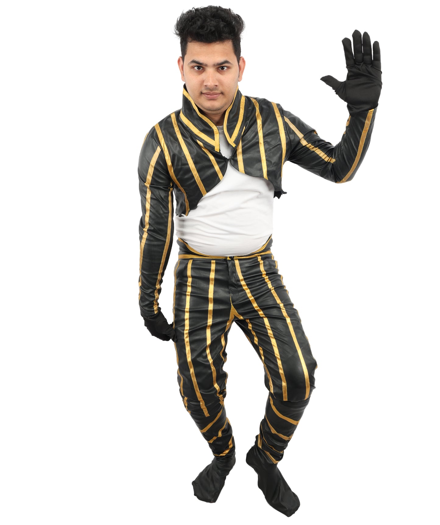 HPO Men's Anime Fighter Combat Suit | Striking Black And Gold PVC Jersey Construction Featuring Pant, Dress, Hand gloves, And Leg Socks | Ideal for Party, Halloween, Cosplay, Theater, Drag, Performance, Costume Events