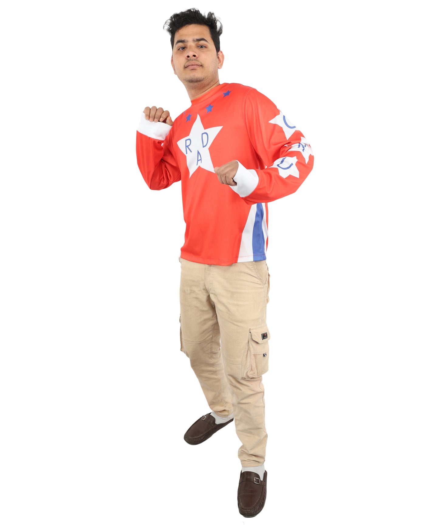 HPO Men's Vintage Stunt Biker Red Costume | Long Sleeve Jersey Knit with Bold Chest Logo | Versatile for Costume Parties, Stage Shows, and Retro Sports Themed Events