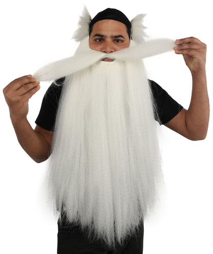 HPO Men's Elder Mage Wig & Beard Set | Long White Hair with Matching Mustache, Beard & Sideburns | Synthetic Wig for Cosplay, Halloween, Stage & Roleplay
