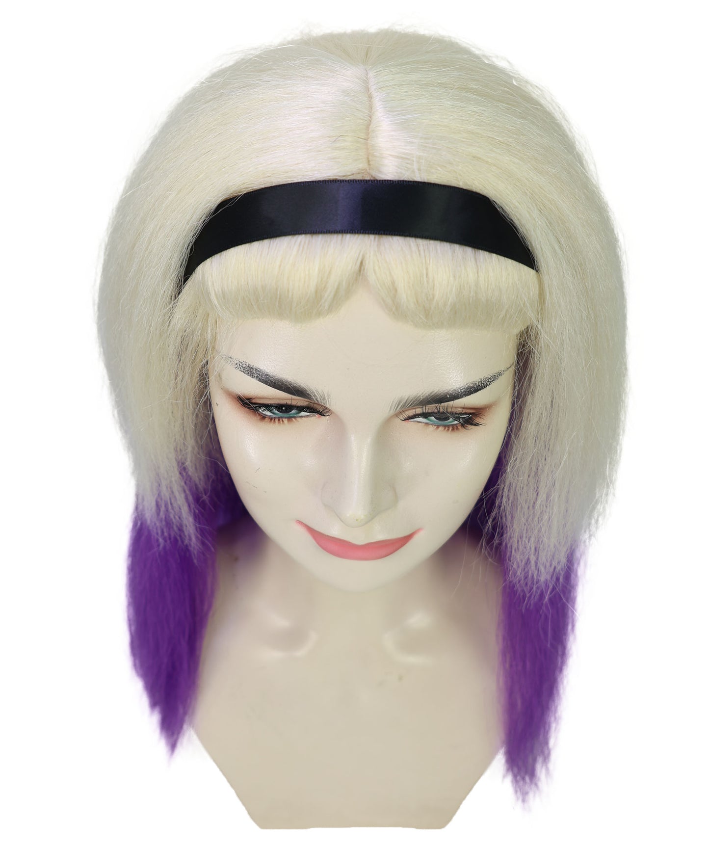 HPO Adult Women’s Long Blonde Gothic Wig with Purple Ombre and Black Headband | Inspired Villainess Hairpiece | Ideal for Halloween | Breathable Capless Cap