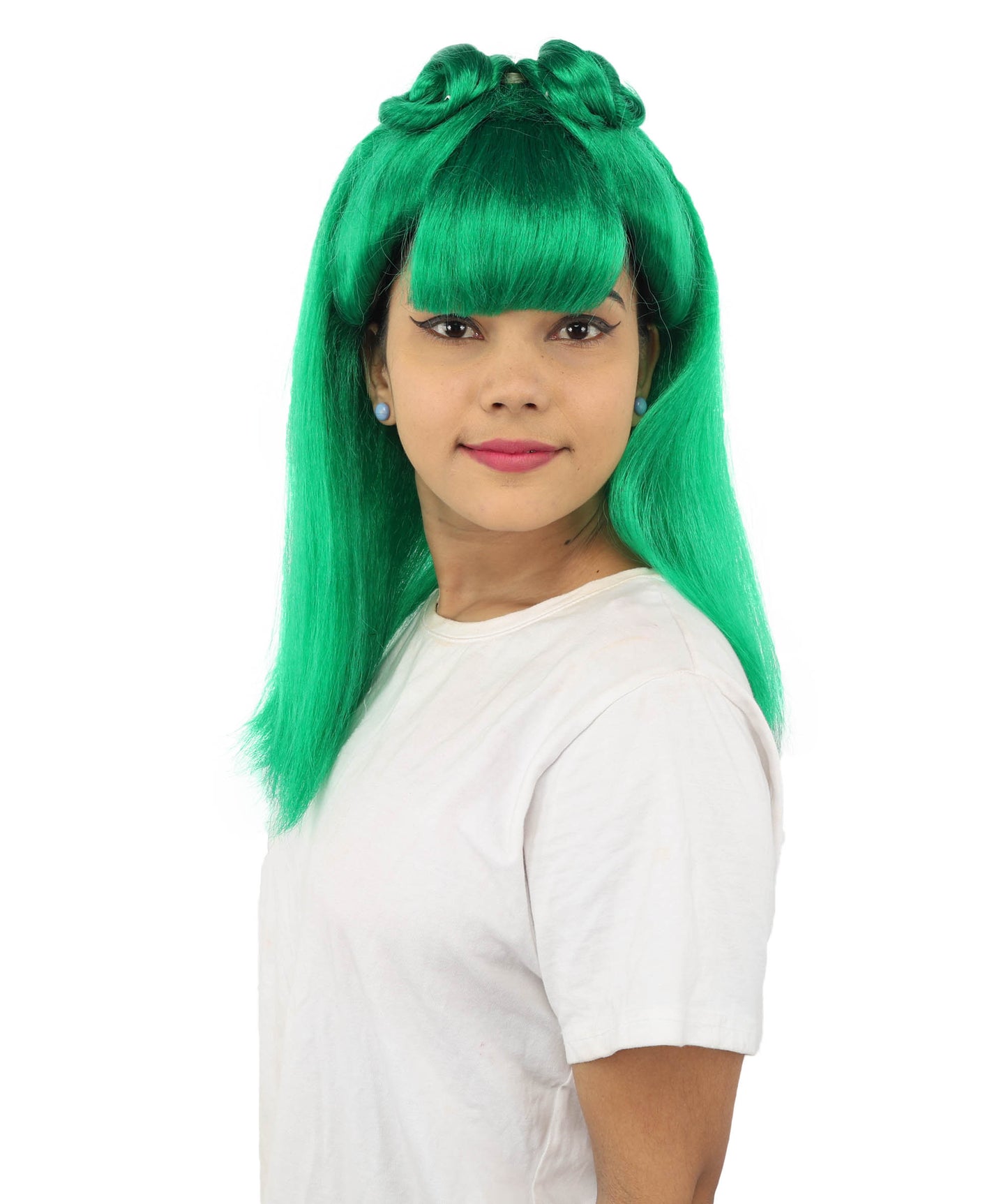 HPO Women's Brown & Pink Half Updo Bangs Wig | Create of synthetic fiber, blunt fringe with top bow, breathable base | Party, Halloween, theater, drag, performance, costume events