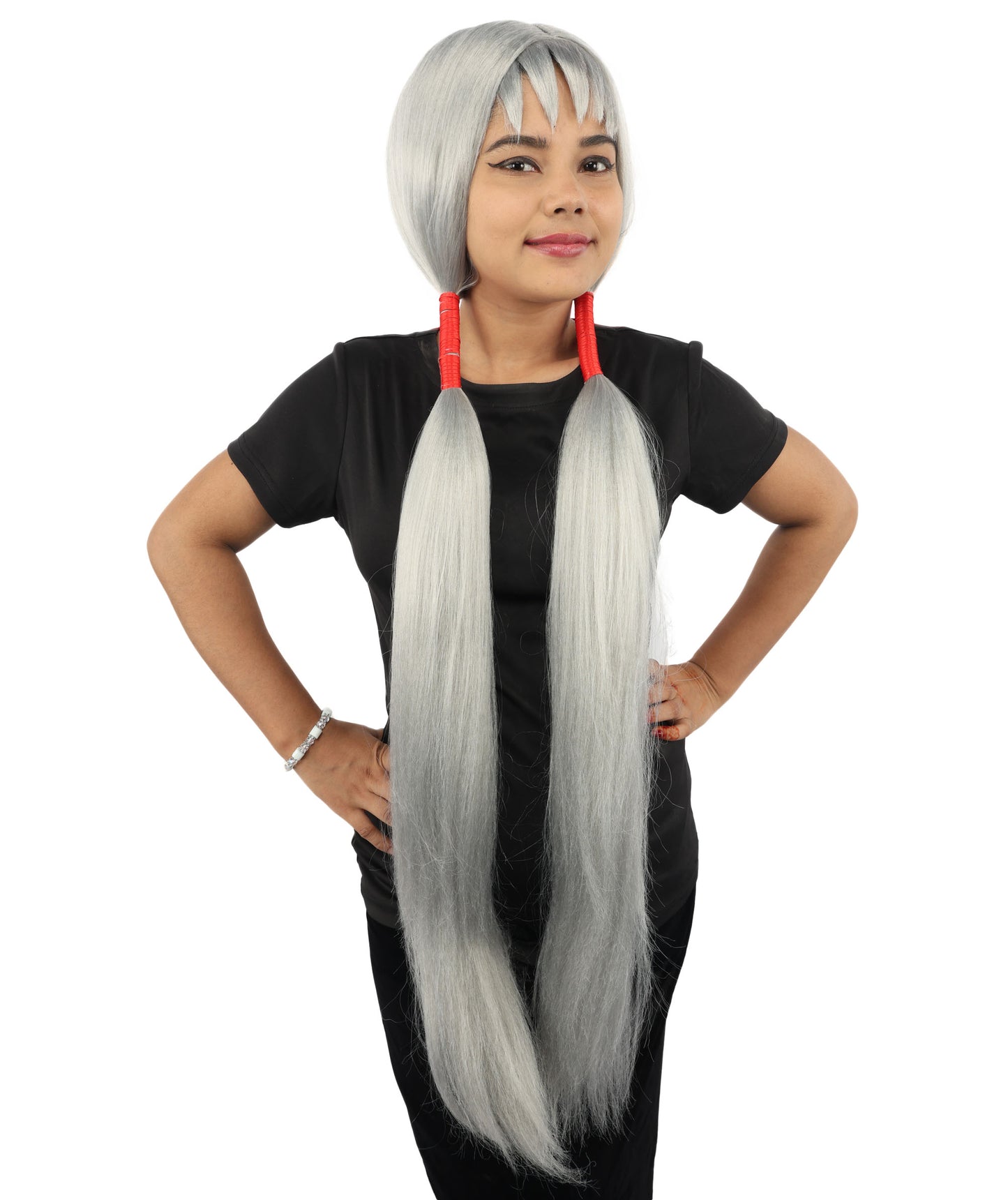 HPO Women's Extra Long Pigtail Wig | Multicolor Options | Floor Length Straight Twin Tails with Bangs, Heat Friendly Synthetic Fiber & Adjustable Cap | Halloween, Fairy Roleplay, Magical Girl Theme, Theater & Carnival