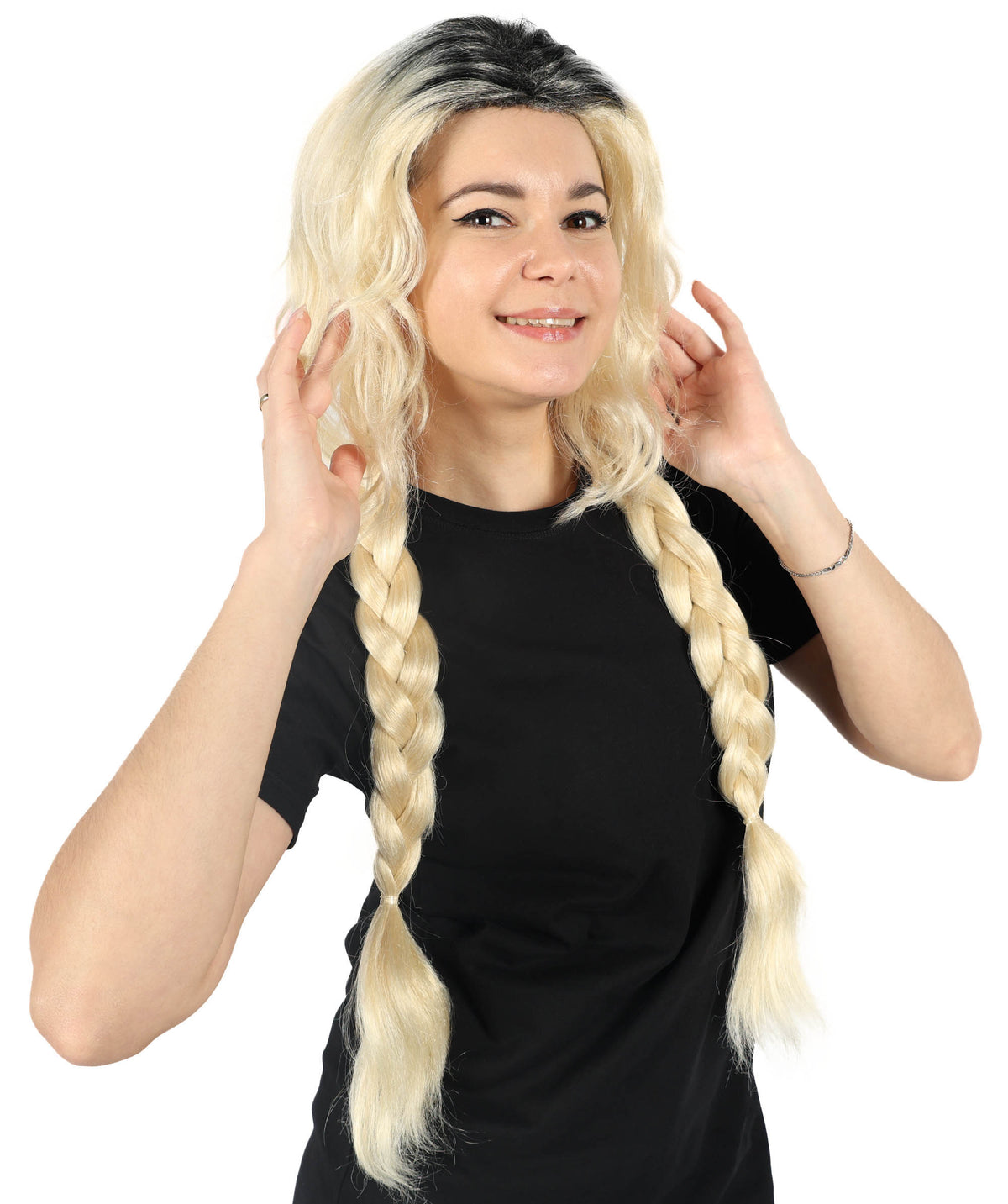 HPO Adult Women Sabrina Carpenter-Inspired Black and Blonde Wig with Braids - Perfect for  & Costumes, Long Synthetic Hair with Adjustable Cap for Comfort & Style, Halloween, & Themed Parties