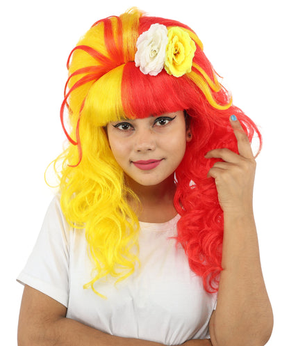 HPO Women's Split Style Glamour Red & Yellow Wig | Long curly synthetic fibers with big teased volume blunt bangs and capless base | Essential for theatrical stage drag performance costume events and party