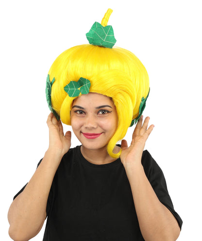 HPO Adult Women's Sculpted Pumpkin Show Wig | Multiple Color Options | Create of synthetic fiber, massive spherical updo with green leaf accents, breathable base | Halloween, theater, drag, performance, party, costume events