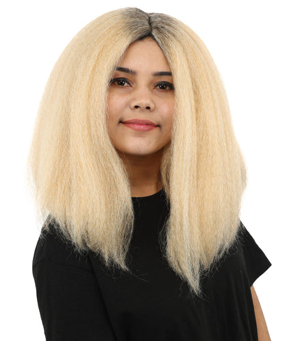 HPO Women's Long Rounded Cartoon Hair Wig | Black & Blonde Bubble Bob, Deep Side Part, Heat Friendly Synthetic Strands & Breathable Net | Fancy Dress, Stage Show, Animated Character Events, Halloween & Festival
