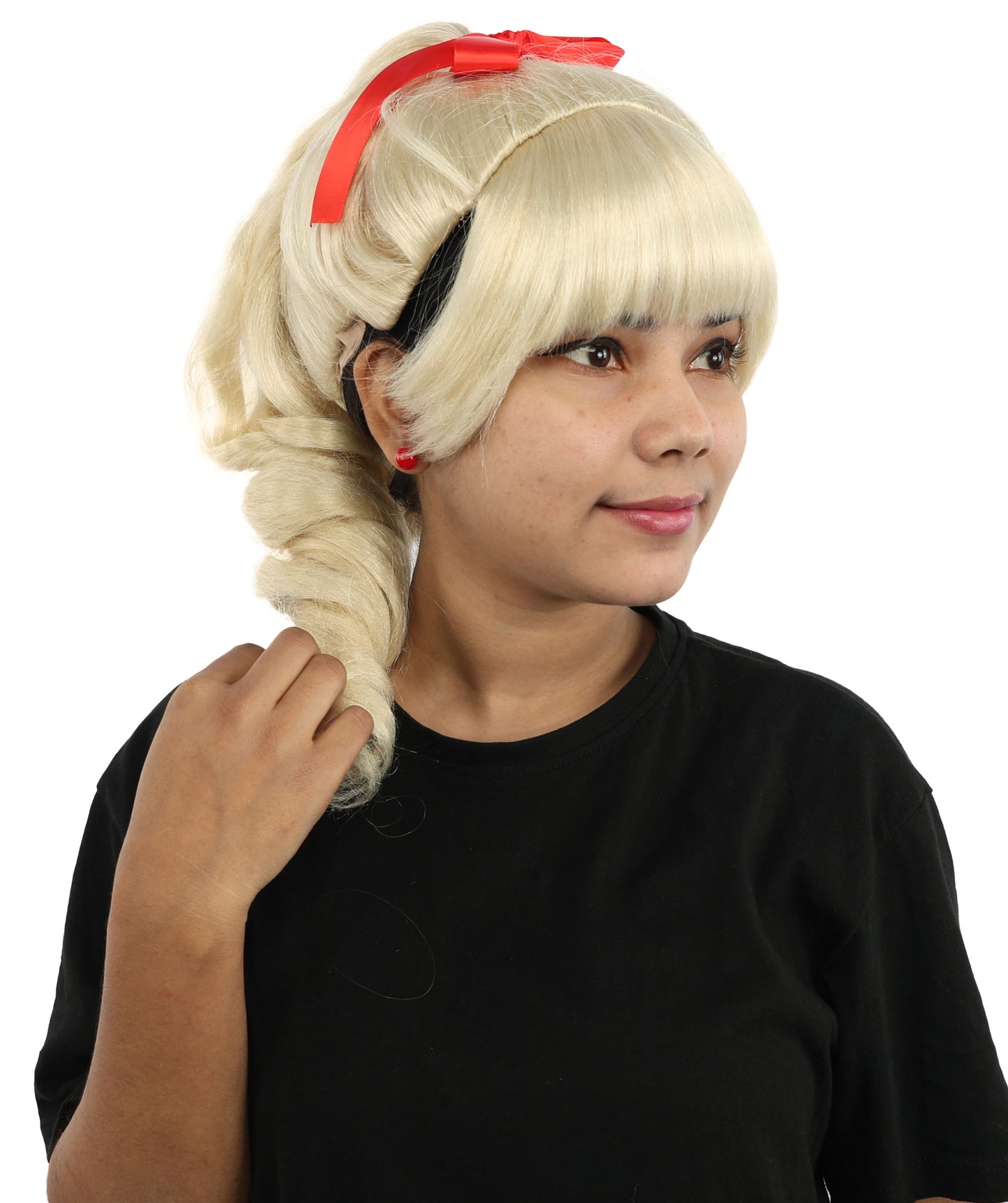 HPO Women's Spiral Ponytail Wig | Multicolor Options | High Updo with Red Ribbon Bow & Bangs, Heat Friendly Synthetic Fiber & Breathable Cap | Halloween, Christmas Event, Themed Party, Theater & Roleplay