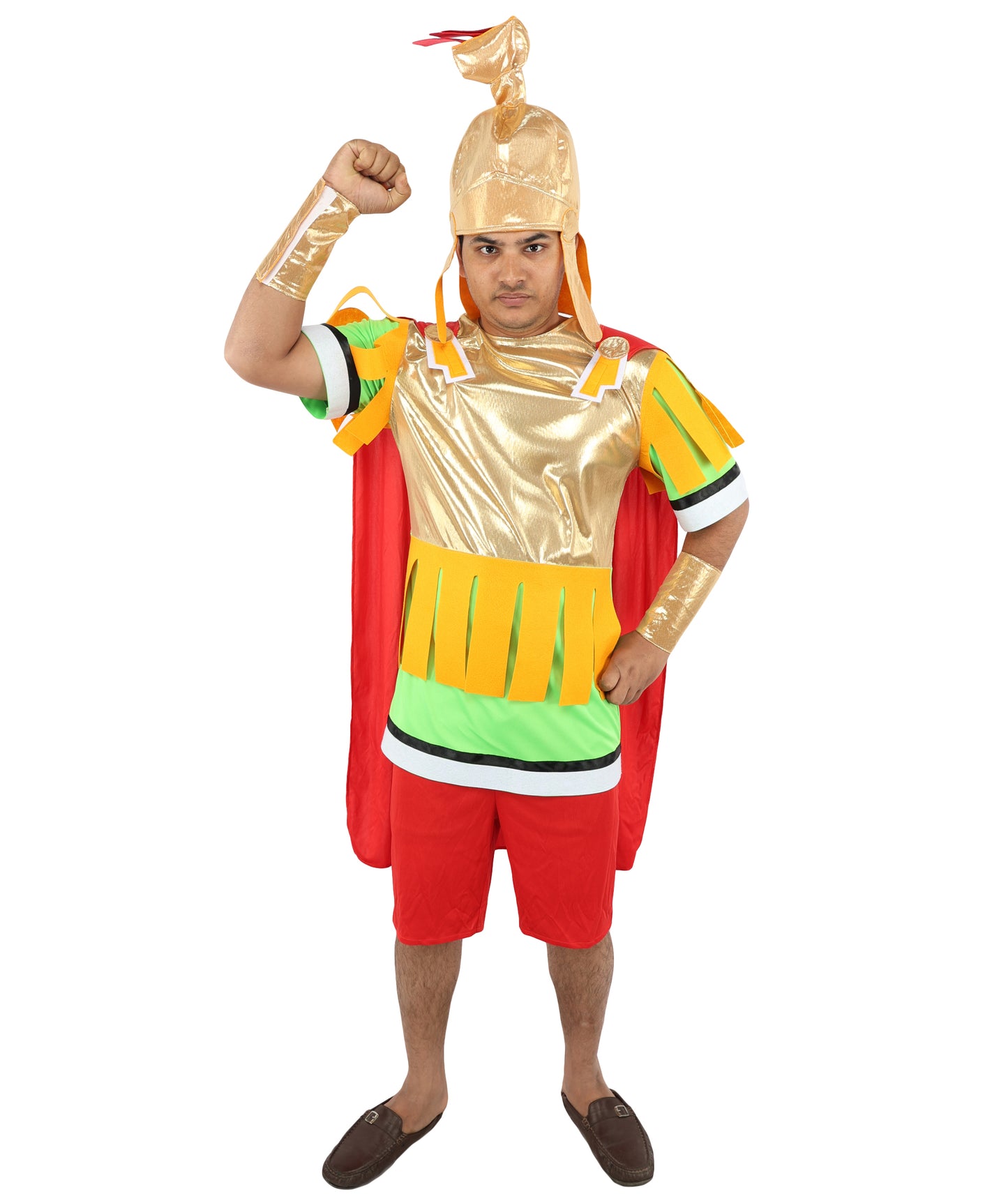 HPO Men's Roman Gladiator Multicolor Costume | Imperial Soldier Metallic Gold Breastplate Cape Tunic Pleated Pteruges Skirt | Halloween Cosplay Theater Drag Performance Costume Events