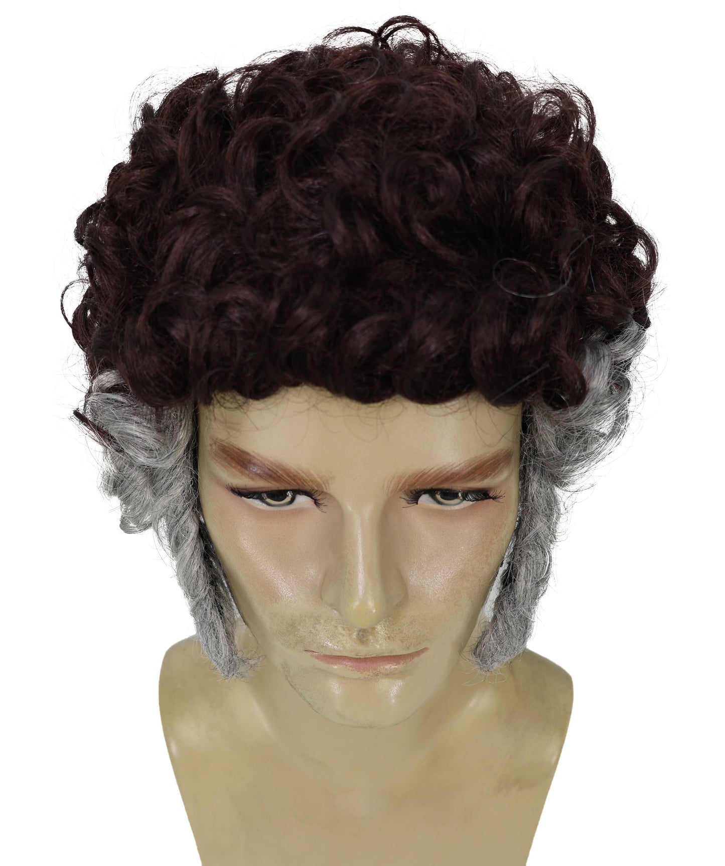 HPO Men’s Brown Curly Retro Wig Set with Grey Sideburns | Funny Pastor Cosplay Hair for Halloween, Cons & Comedy Dress-Up Parties | Capless Cap Design