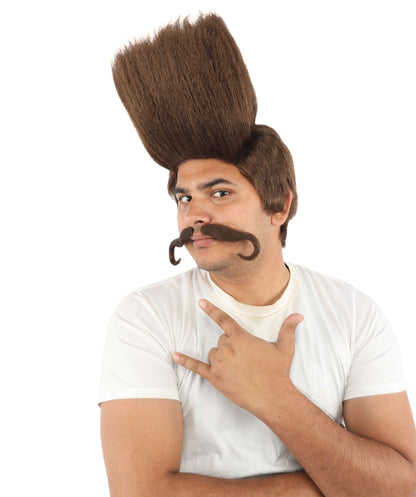 HPO Adult Men's Tall Flat Top Wig and Mustache | Vertical Dark Pompadour with Long Handlebar Facial Hair, Synthetic Fiber & Breathable Net | Halloween, Carnival, Stage Performance & Roleplay