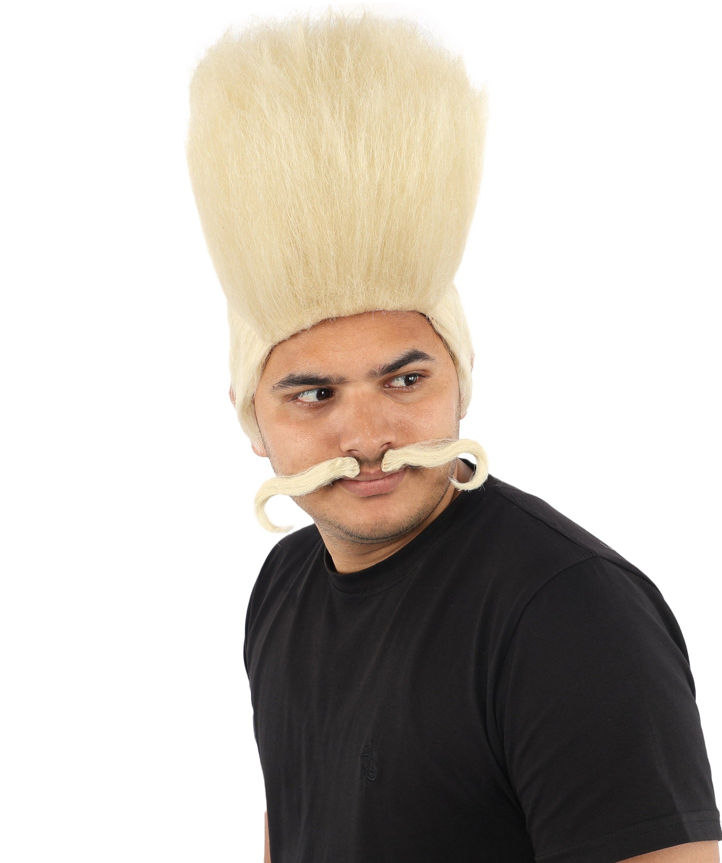 HPO Adult Men's Tall Flat Top Wig and Mustache | Vertical Dark Pompadour with Long Handlebar Facial Hair, Synthetic Fiber & Breathable Net | Halloween, Carnival, Stage Performance & Roleplay