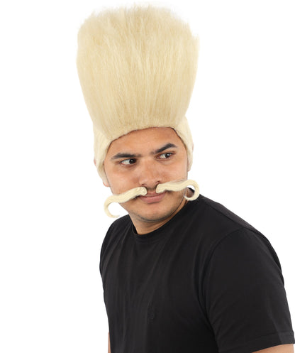 HPO Adult Men's Tall Flat Top Wig and Mustache | Vertical Dark Pompadour with Long Handlebar Facial Hair, Synthetic Fiber & Breathable Net | Halloween, Carnival, Stage Performance & Roleplay