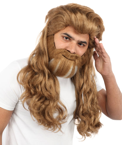 HPO Men’s Long Wavy Brown & White Mixed Wig Beard & Mustache Set – Royal Hairpiece with Adjustable Cap | Ideal for Historical Reenactment, Stage & Cosplay