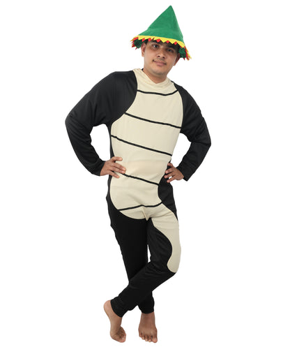 HPO Men's Funny Worm Costume – Black & Khaki Comedy Tunic with Curved Body Shape | Novelty Fancy Dress for Humorous Party Appearances