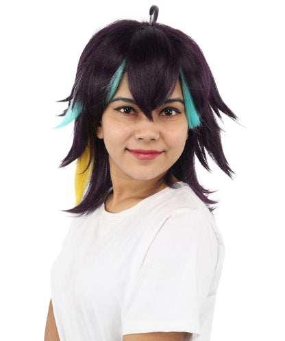 HPO Women's Medium Spiky Multicolor Color Wig | Dark Navy Synthetic Hair with Green Bangs and Amber Streaks | Halloween Roleplay and Video Game Character Style