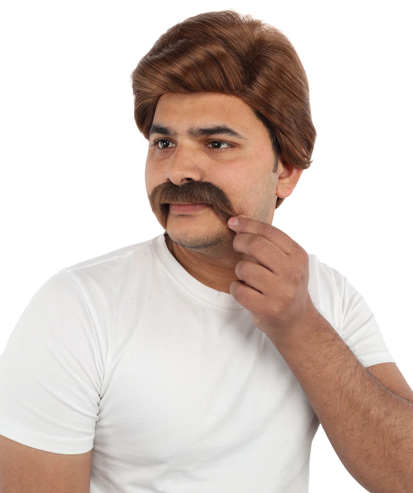 HPO Men’s Chestnut Brown Blend Wig with Mustache Set | Retro Gentleman Hair Style | Cosplay Outfit for Costume Parties, Stage Performances & Themed Events