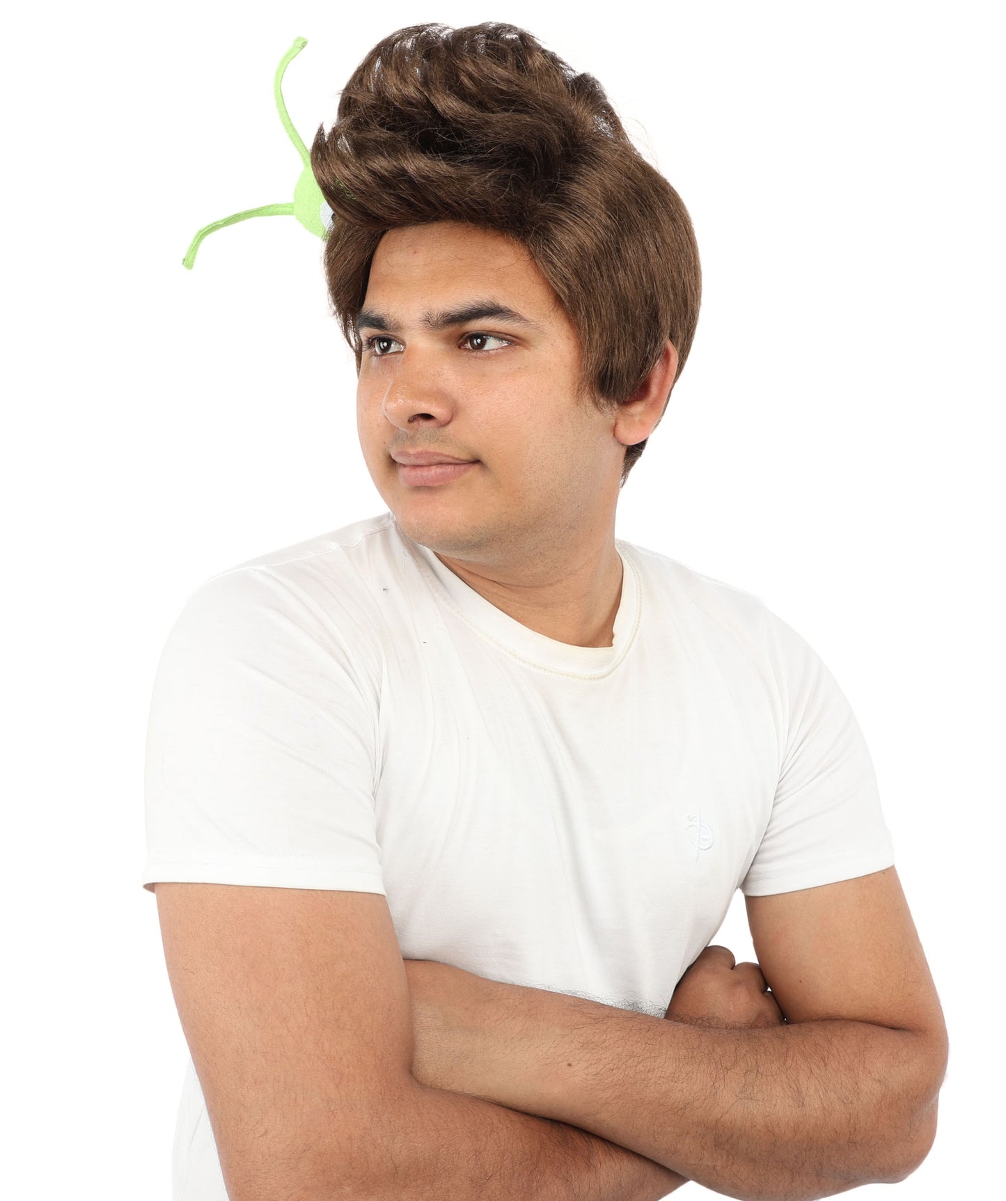 HPO Men's Brain Slug Orange Wig | Medium Spiked Synthetic Hair with Attached Green Alien Plush and Messy Texture | Sci-Fi Cosplay, Halloween, Cartoon Theme Party, and Funny Costume Accessories