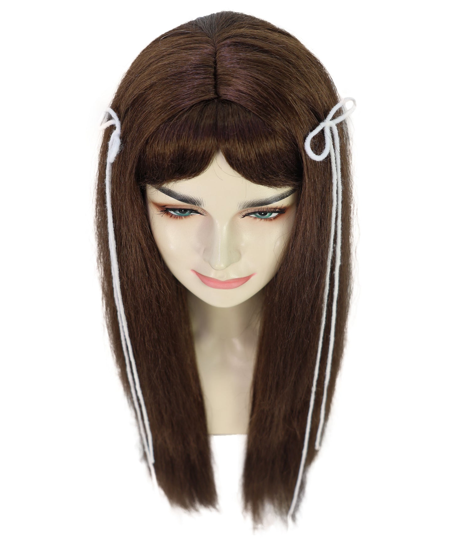 HPO Adult Women’s Elegant Long Brown Wig with Highlights and Curtain Bangs | Natural Straight Style | Ideal for Halloween | Breathable Capless Cap