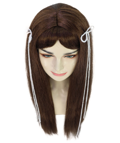 HPO Adult Women’s Elegant Long Brown Wig with Highlights and Curtain Bangs | Natural Straight Style | Ideal for Halloween | Breathable Capless Cap