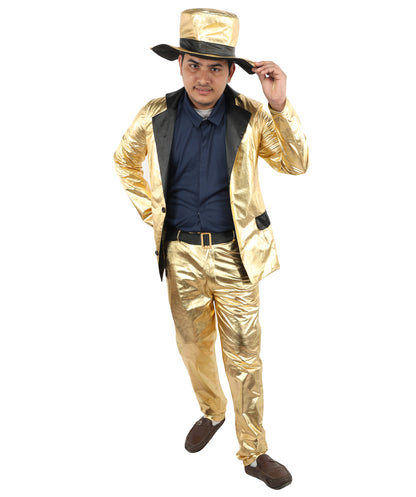 HPO Men's Metallic Gold & Black Pimp Suit | Shiny PVC and Satin Finish with Matching Hat T-Shirt and Belt | Ideal for Cosplay, Halloween, Drag, and 1970s Theme Performance Events